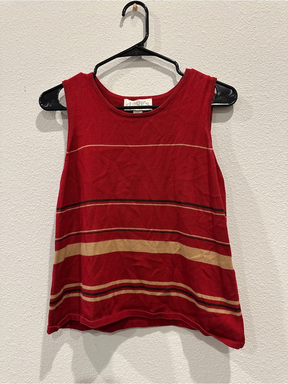Casual Corner Red Sleeveless Knit Tank with Gold & Black Stripes